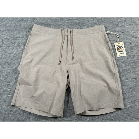Reyn Spooner Aloha Shorts Mens 34 Beige Elastic Waist Rear Zipped Pockets - Picture 1 of 14